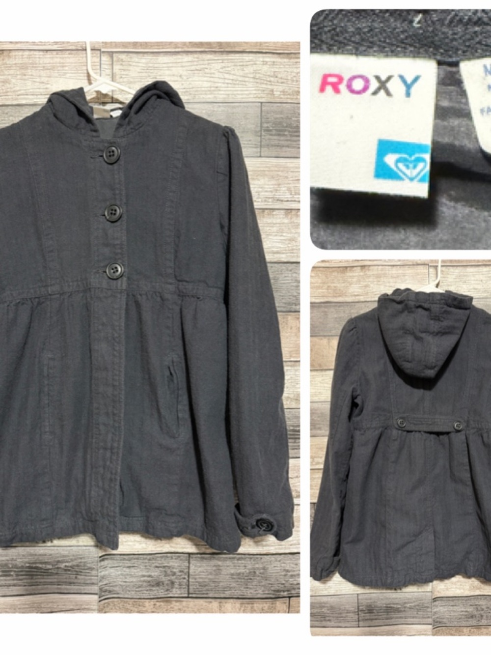 Roxy Herringbone Hooded Jacket Women’s M Gray Button Front Lined